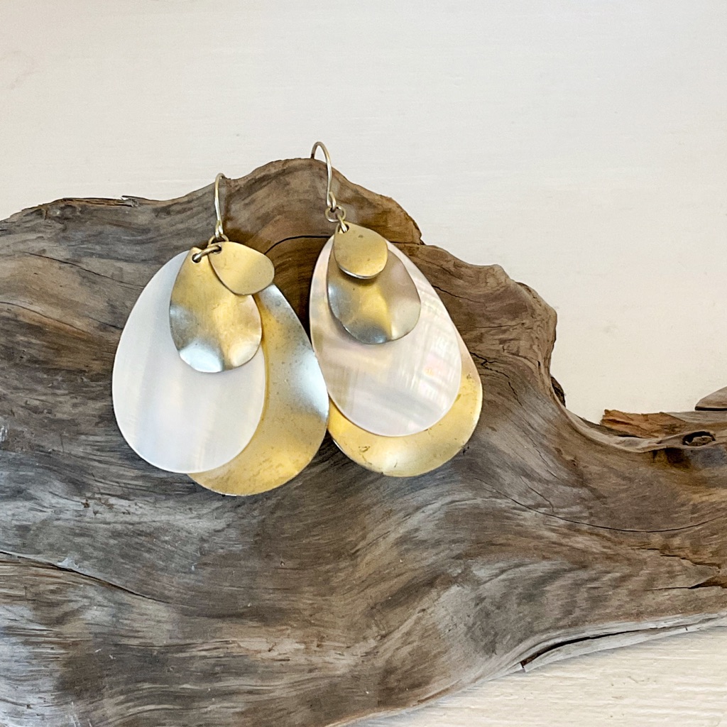 Faux Mop Silver And Gold Tone Dangle Earrings